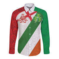 Custom Ireland and England Long Sleeve Button Shirt Celtic Shanrocks and Roses with Red Cross
