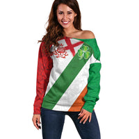 Custom Ireland and England Off Shoulder Sweater Celtic Shanrocks and Roses with Red Cross