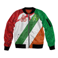 Custom Ireland and England Sleeve Zip Bomber Jacket Celtic Shanrocks and Roses with Red Cross