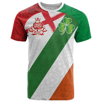 Custom Ireland and England T Shirt Celtic Shanrocks and Roses with Red Cross