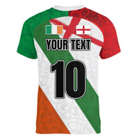 Custom Ireland and England Women V-Neck T-Shirt Celtic Shanrocks and Roses with Red Cross