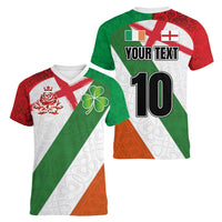 Custom Ireland and England Women V-Neck T-Shirt Celtic Shanrocks and Roses with Red Cross