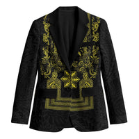 Philippines Barong Style Blazer with Polynesian Art and Leaf Motif Black-Gold Color