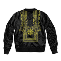 Philippines Barong Style Bomber Jacket with Polynesian Art and Leaf Motif Black-Gold Color