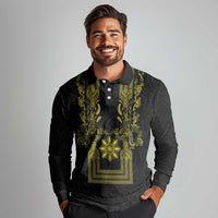 Philippines Barong Style Long Sleeve Polo Shirt with Polynesian Art and Leaf Motif Black-Gold Color