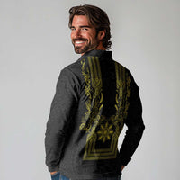 Philippines Barong Style Long Sleeve Polo Shirt with Polynesian Art and Leaf Motif Black-Gold Color