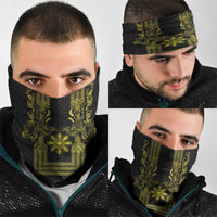 Philippines Barong Style Neck Gaiter with Polynesian Art and Leaf Motif Black-Gold Color