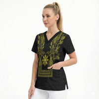 Philippines Barong Style Scrub Top with Polynesian Art and Leaf Motif Black-Gold Color