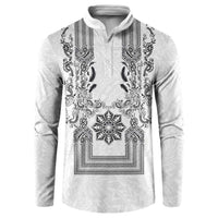 Philippines Barong Style Button Sweatshirt with Polynesian Art and Leaf Motif Black-White Color