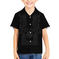 Philippines Barong Style Hawaiian Shirt with Polynesian Art and Leaf Motif Black Color