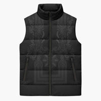 Philippines Barong Style Sleeveless Puffer Jacket with Polynesian Art and Leaf Motif Black Color
