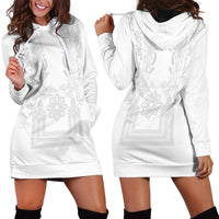 Philippines Barong Style Hoodie Dress with Polynesian Art and Leaf Motif White Color