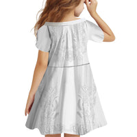 Philippines Barong Style Kid Short Sleeve Dress with Polynesian Art and Leaf Motif White Color