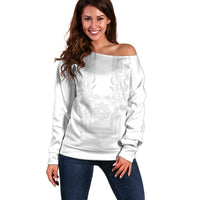 Philippines Barong Style Off Shoulder Sweater with Polynesian Art and Leaf Motif White Color