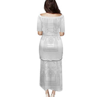 Philippines Barong Style Puletasi with Polynesian Art and Leaf Motif White Color