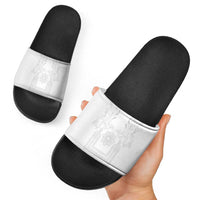 Philippines Barong Style Slide Sandals with Polynesian Art and Leaf Motif White Color