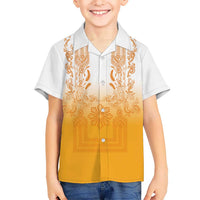 Philippines Barong Style Kid Hawaiian Shirt with Polynesian Art and Leaf Motif Yellow Color
