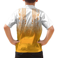 Philippines Barong Style Kid Hawaiian Shirt with Polynesian Art and Leaf Motif Yellow Color