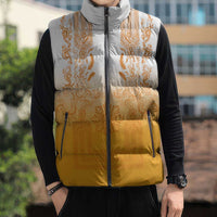 Philippines Barong Style Sleeveless Puffer Jacket with Polynesian Art and Leaf Motif Yellow Color