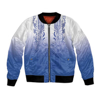 Philippines Barong Style Bomber Jacket with Polynesian Art and Leaf Motif Blue Color