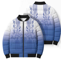 Philippines Barong Style Bomber Puffer Jacket with Polynesian Art and Leaf Motif Blue Color