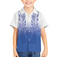 Philippines Barong Style Hawaiian Shirt with Polynesian Art and Leaf Motif Blue Color