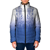 Philippines Barong Style Padded Jacket with Polynesian Art and Leaf Motif Blue Color