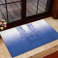 Philippines Barong Style Rubber Doormat with Polynesian Art and Leaf Motif Blue Color