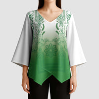 Philippines Barong Style Kimono Sleeve Blouse with Polynesian Art and Leaf Motif Green Color