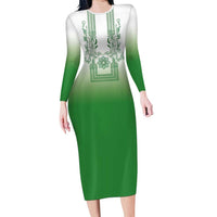 Philippines Barong Style Long Sleeve Bodycon Dress with Polynesian Art and Leaf Motif Green Color