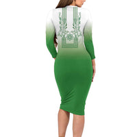 Philippines Barong Style Long Sleeve Bodycon Dress with Polynesian Art and Leaf Motif Green Color