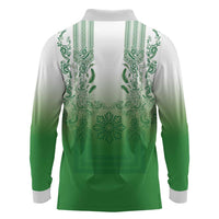 Philippines Barong Style Long Sleeve Polo Shirt with Polynesian Art and Leaf Motif Green Color