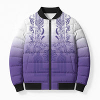 Philippines Barong Style Bomber Puffer Jacket with Polynesian Art and Leaf Motif Purple Color