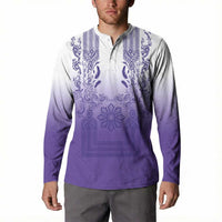 Philippines Barong Style Button Sweatshirt with Polynesian Art and Leaf Motif Purple Color