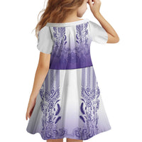 Philippines Barong Style Kid Short Sleeve Dress with Polynesian Art and Leaf Motif Purple Color