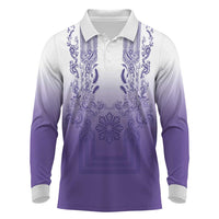 Philippines Barong Style Long Sleeve Polo Shirt with Polynesian Art and Leaf Motif Purple Color