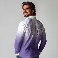 Philippines Barong Style Long Sleeve Polo Shirt with Polynesian Art and Leaf Motif Purple Color