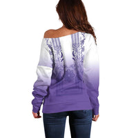 Philippines Barong Style Off Shoulder Sweater with Polynesian Art and Leaf Motif Purple Color
