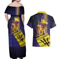 Barbados Independence Day Couples Matching Off Shoulder Maxi Dress and Hawaiian Shirt Coat of Arms with Freedom Emblems - Wonder Print Shop