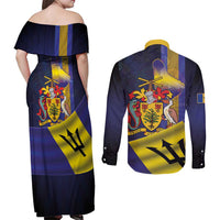 Barbados Independence Day Couples Matching Off Shoulder Maxi Dress and Long Sleeve Button Shirt Coat of Arms with Freedom Emblems - Wonder Print Shop