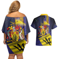 Barbados Independence Day Couples Matching Off Shoulder Short Dress and Hawaiian Shirt Coat of Arms with Freedom Emblems - Wonder Print Shop
