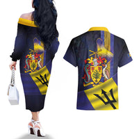 Barbados Independence Day Couples Matching Off The Shoulder Long Sleeve Dress and Hawaiian Shirt Coat of Arms with Freedom Emblems - Wonder Print Shop