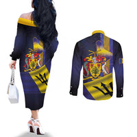 Barbados Independence Day Couples Matching Off The Shoulder Long Sleeve Dress and Long Sleeve Button Shirt Coat of Arms with Freedom Emblems - Wonder Print Shop