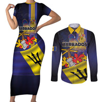 Barbados Independence Day Couples Matching Short Sleeve Bodycon Dress and Long Sleeve Button Shirt Coat of Arms with Freedom Emblems - Wonder Print Shop
