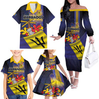 Barbados Independence Day Family Matching Off The Shoulder Long Sleeve Dress and Hawaiian Shirt Coat of Arms with Freedom Emblems - Wonder Print Shop
