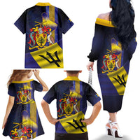 Barbados Independence Day Family Matching Off The Shoulder Long Sleeve Dress and Hawaiian Shirt Coat of Arms with Freedom Emblems - Wonder Print Shop