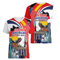 German American Heritage Month Women V-Neck T-Shirt USA Bald Eagle with Brandenburg Gate
