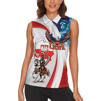 Polish American Heritage Month Women Sleeveless Polo Shirt Winged Hussar with USA Bald Eagle