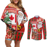 Canadian Christmas Couples Matching Off Shoulder Short Dress and Long Sleeve Button Shirt A Merry Xmas Santa and Funny Moose - Wonder Print Shop