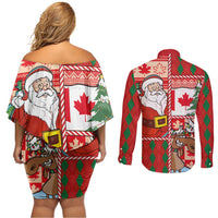 Canadian Christmas Couples Matching Off Shoulder Short Dress and Long Sleeve Button Shirt A Merry Xmas Santa and Funny Moose - Wonder Print Shop